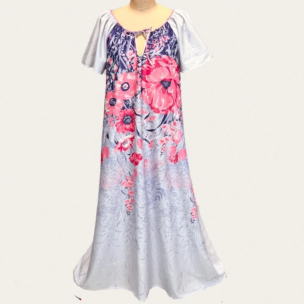 VINTAGE 60s 70s floral house dress‎ nightgown long maxi short flutter sleeve